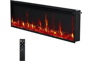 MILLELOOM 60" Electric Fireplace Wall Mounted & Recessed with Remote Control, 4.2" Ultra-Thin Linear Fireplace Heater 750W/1500W 2 Speed Heating 12 Color Flames 5 Brightness Levels with Timer, Log & Crystal