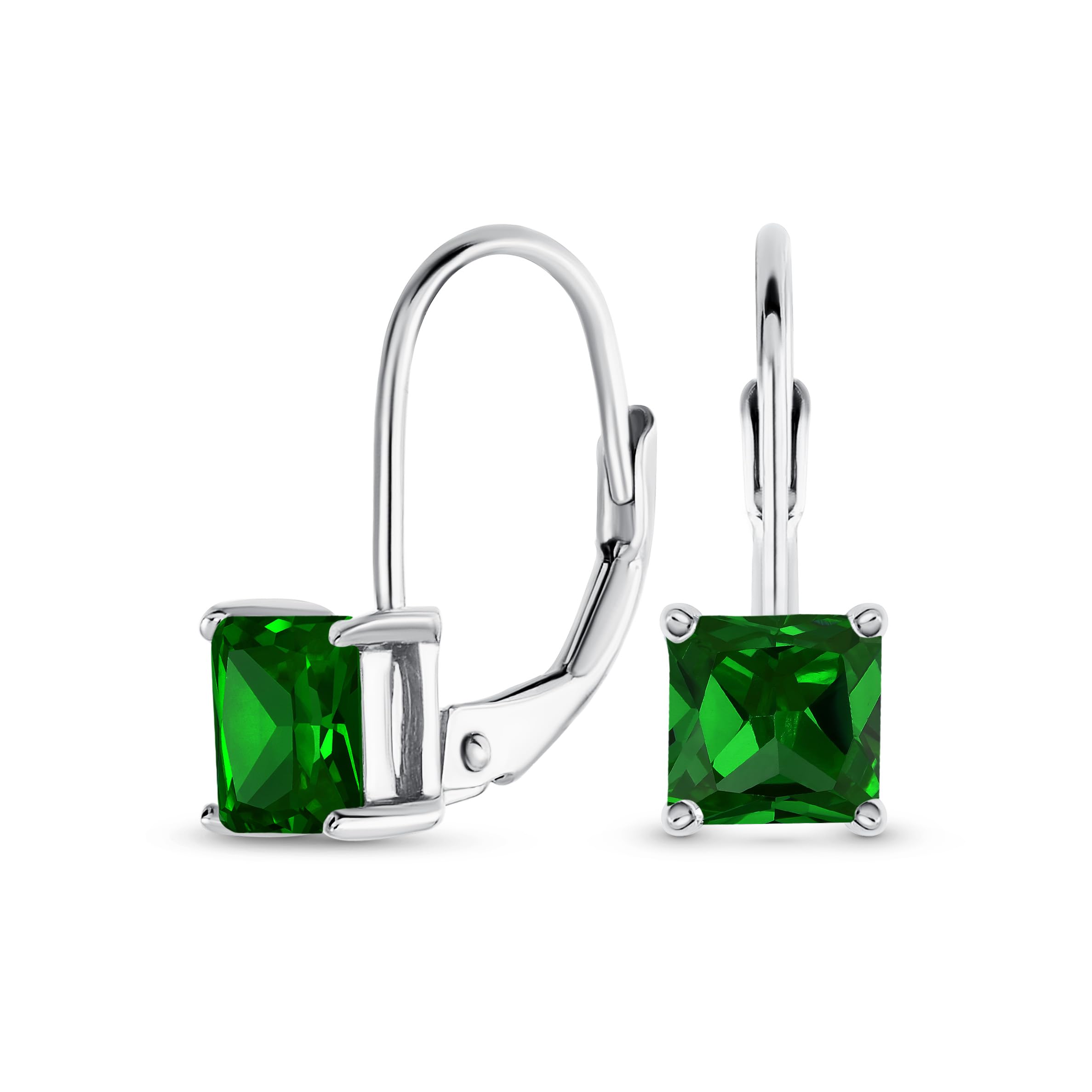 Classic Bridal Simulated Emerald Princess Cut Green Cubic Zirconia Solitaire Square AAA CZ Leverback Earrings For Women .925 Sterling Silver — image 1