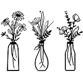 Pigort 3 Pieces Metal Flowers Wall Arts - Rustic Farmhouse Decor Black Minimalist Flower Wall Decors for Living room Bathroom Bedroom Dining Room - Housewarming Gifts(Black, Vase-C)