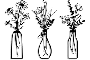 Pigort 3 Pieces Metal Flowers Wall Arts - Rustic Farmhouse Decor Black Minimalist Flower Wall Decors for Living room Bathroom Bedroom Dining Room - Housewarming Gifts(Black, Vase-C)