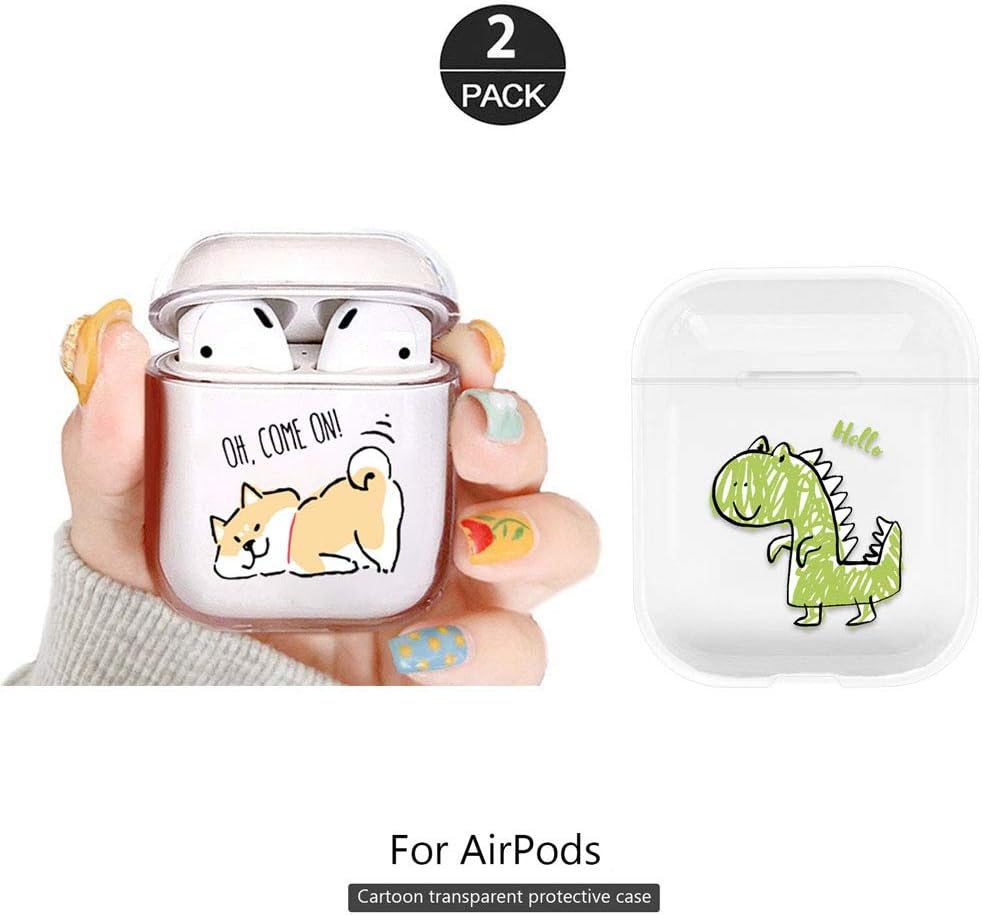 ZOEAST(TM) 2 Pack AirPods Case 1&2nd gen,All Transparent Light Clear Cartoon Portable Protective Cover Case [Front LED Visible] Compatible with Apple AirPods Earphone Charging Cas (2pcs Dog Dinosaurs)