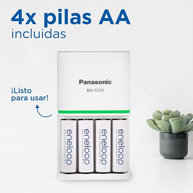 SmartPlus. Cargador para 1 a 4 pilas AA/AAA Ni-MH con 4 pilas eneloop AA/Mignon de capacidad mejorada y 10 funciones de seguridad.