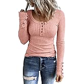 KINLONSAIR Women’s Long Sleeve Henley T Shirts Button Down Slim Fit Tops Scoop Neck Ribbed Knit Shirts