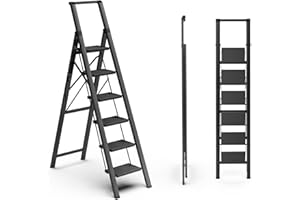 SOLADDER 6 Step Ladder for 12 Feet High Ceiling, Folding Step Stool with Handgrip & Anti-Slip Wide Pedal, Portable Lightweight Aluminum Stepladder for Kitchen, Home (300 lbs Capacity) - Black