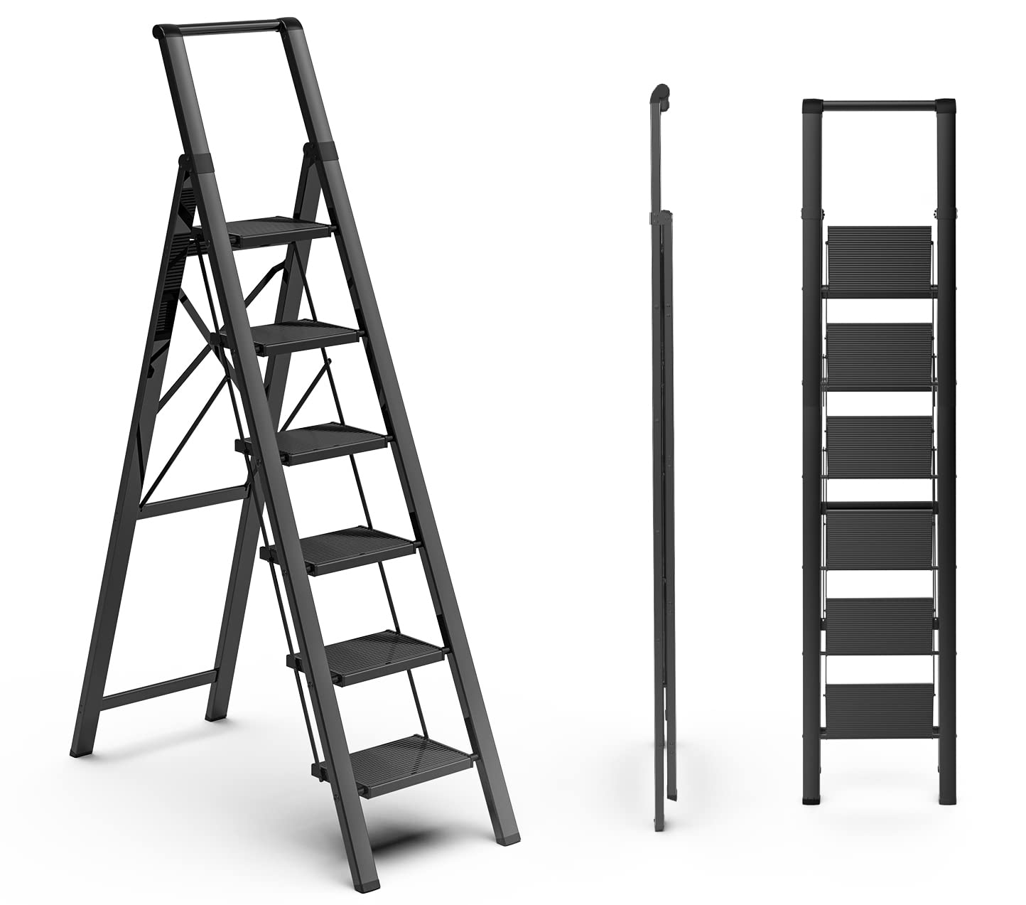 Photo 1 of (majore dents) SOLADDER 6 Step Ladder for 12 Feet High Ceiling, Folding Step Stool with Handgrip & Anti-Slip Wide Pedal, Portable Lightweight Aluminum Stepladder for Kitchen, Home (300 lbs Capacity) - Black