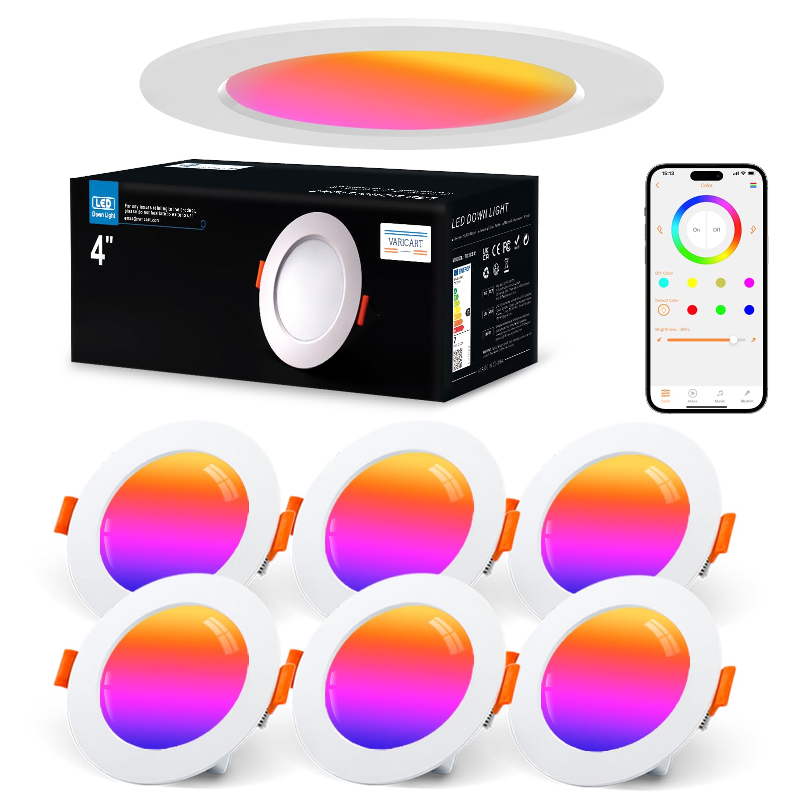 VARICART Smart LED Downlights for Ceiling Alexa, 10W Bluetooth RGB Colour Changing Spot Lights, Dimmable Recessed Ceiling Lights Warm White 2700K, APP Control for Living Room Bedroom Kitchen, 6 Pcs