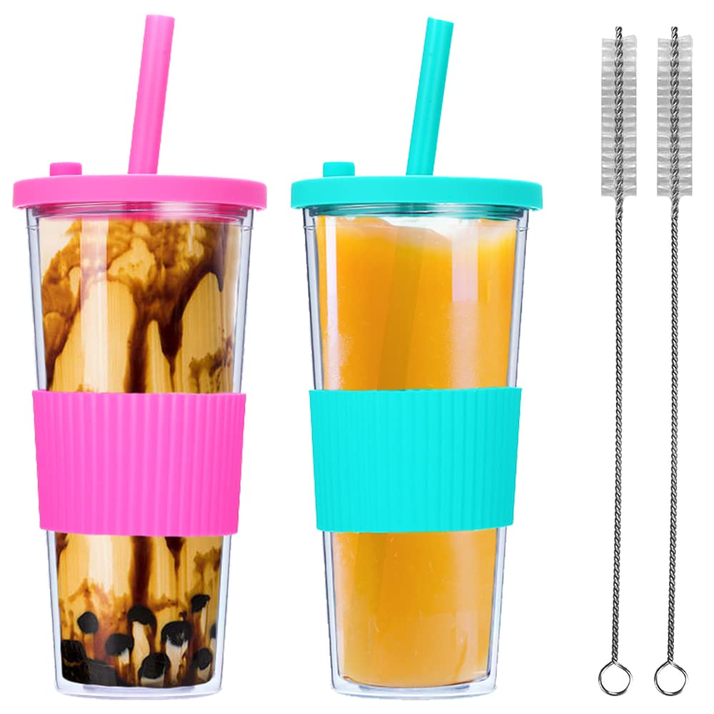 2 Pack Reusable Boba Tea Cups, 24oz Leakproof Double Wall Smoothie Tumbler, Iced Coffee Cup, Wide Straw for Bubble Tea (Green & Rosepink)