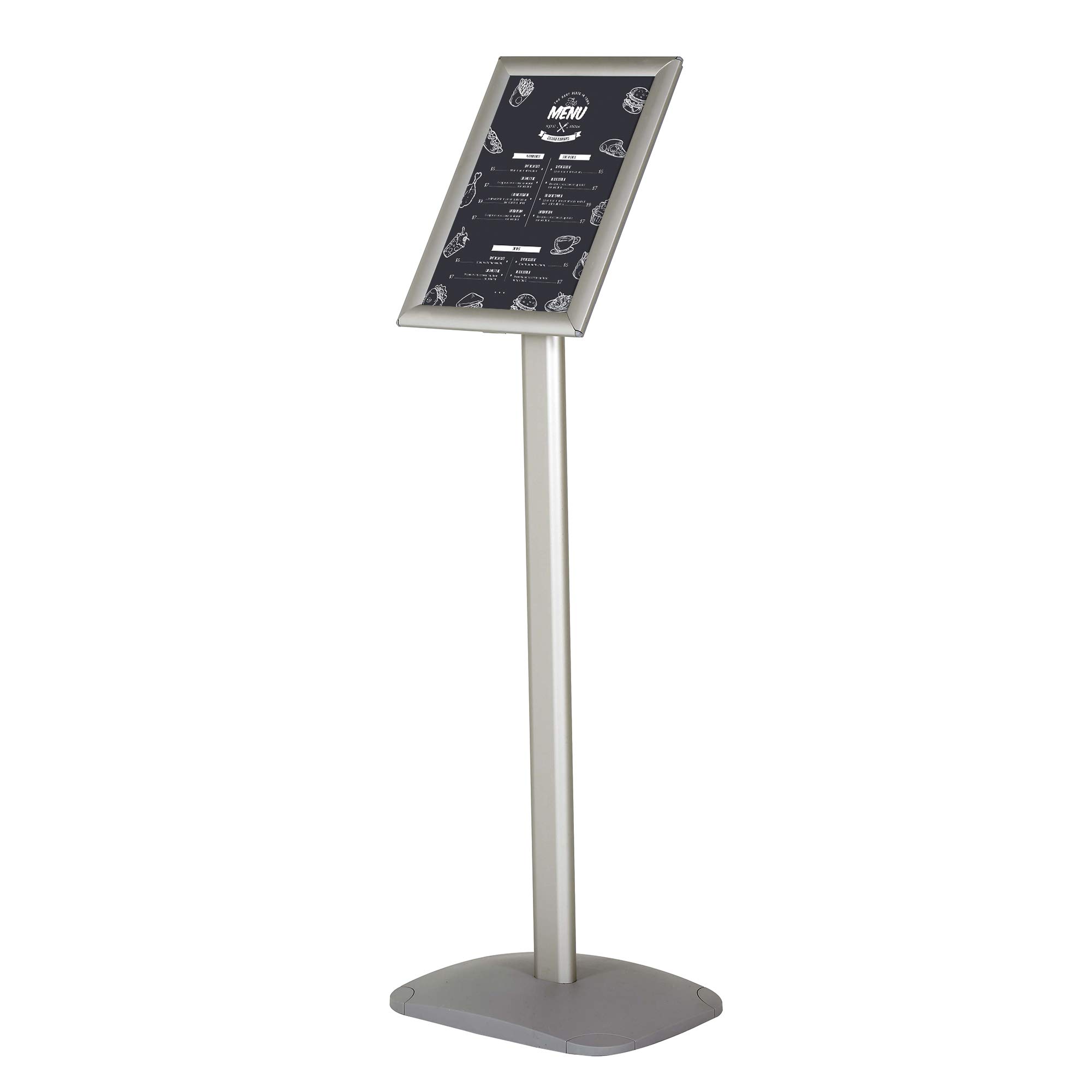 DISPLAY SALES A4 Sign Holder Premium Silver | Display Stand with Weighted Aluminium Base Plate | Snap Frame Poster Holder for A4 Inserts | Floor Standing Menu, Information and Welcome Sign Stand