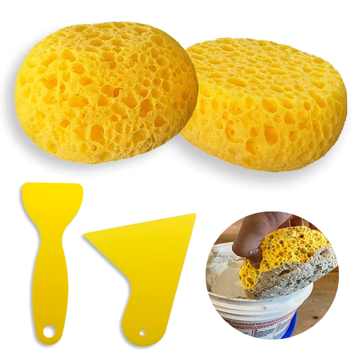 DOERDO 2 Pieces Knockdown Texture Sponge with 2 Pieces Scrapers for Drywall Patch, Drywall Repair, DIY Painting Ceiling