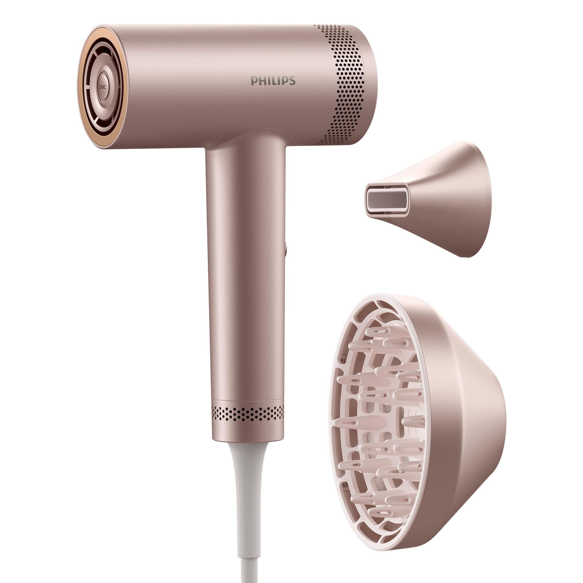 Philips Sèche-cheveux Philips High Speed 8000 Series, ThermoShield Advanced, ionique, embout de coiffage et diffuseur, soin du cuir chevelu, 1400 W, champagne rosé, modèle BHD837/10