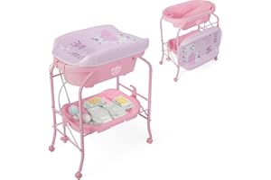 BABY JOY Baby Bathtub with Changing Table, Foldable Infant Diaper Changing Station with Storage Tray, Waterproof Pad, Portable Newborn Nursery Organizer Bath Stand with 4 Universal Wheels (Pink)
