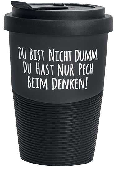 Pechkeks Kaffee Thermobecher to go Porzellan mit Deckel, Spruch “Pech beim Denken.“, Größe 300ml, matt schwarz