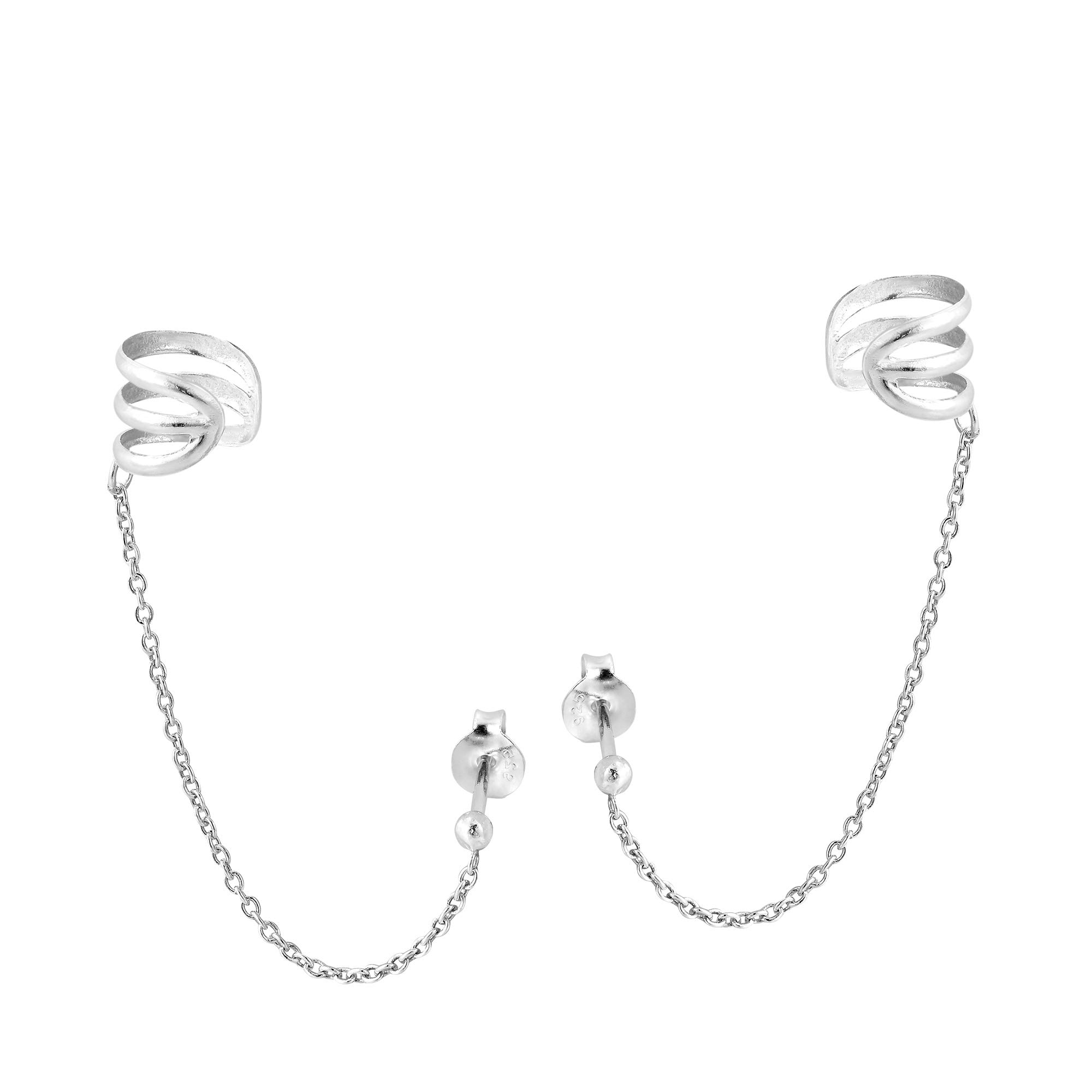 9MM Mod Ear Cuff Draping Chain .925 Sterling Silver Post Earrings