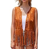 UpFind Womens Fringe Vest 70s Hippie Costume Sleeveless Cowgirl Western Outfits Faux Suede Tassel Leather Outerwear