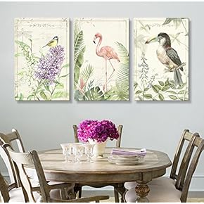 3 Panel Canvas Wall Art - Vintage Style Birds Flamingo Floral Background - Giclee Print Gallery Wrap Modern Home Art Ready to Hang - 16"x24" x 3 Panels
