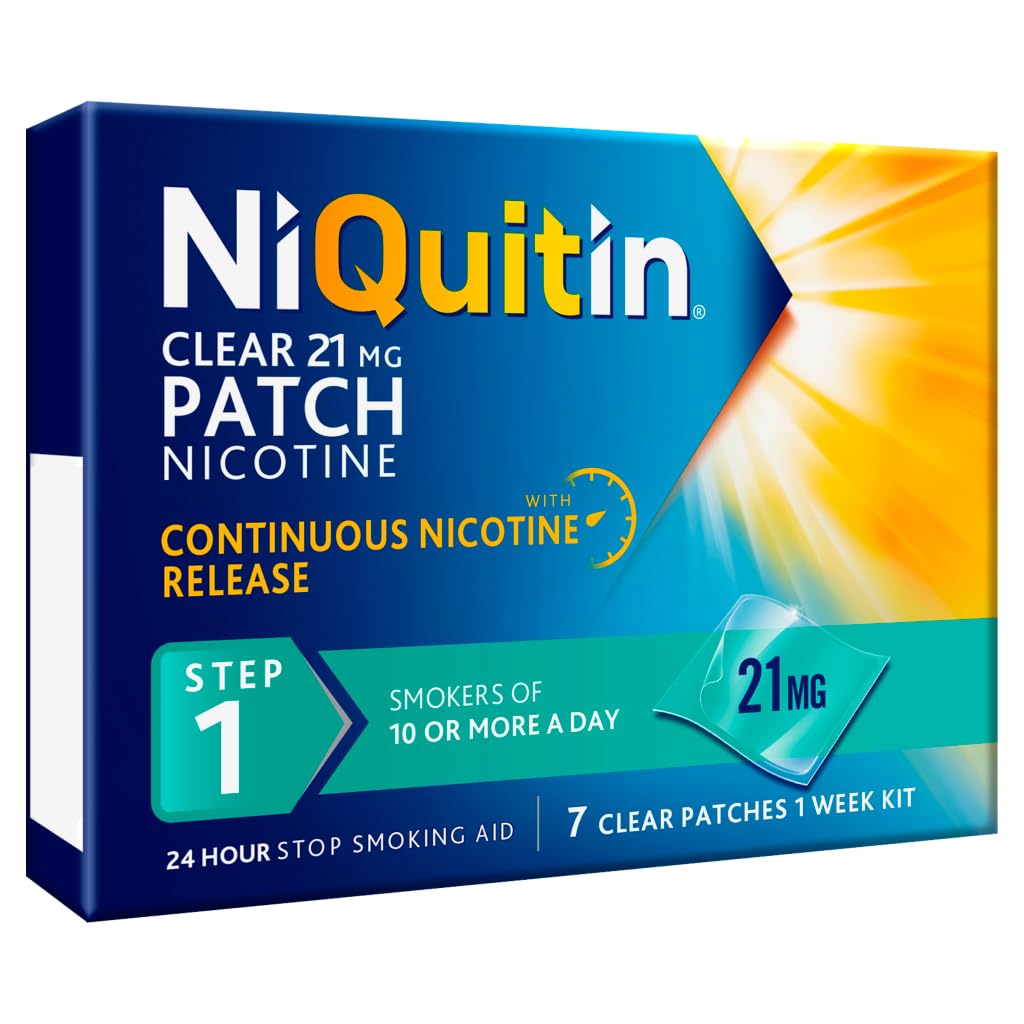 NiQuitin 21mg Nicotine Patches (Step 1 - 7 Clear Patches) - 24 Hour Craving Control - 1 Week Treatment Patches To Quit Or Reduce - Discreet Transparent Stop Smoking & Vaping Aids