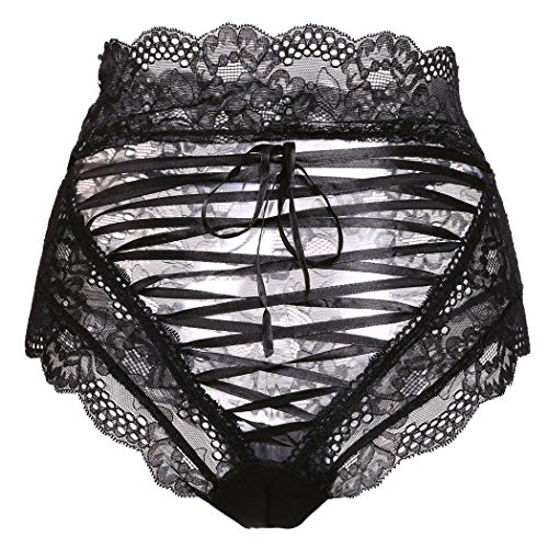 Fashine Women's Sexy Hollow Out Lace High Waist Briefs Underwear Panties (M, Black)