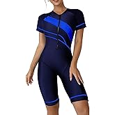ECUPPER Women One Piece Short Sleeve Swimsuit Boyleg Rash Guard Covered Surfing Suit Zipper Bathing Suit with Built in Bra