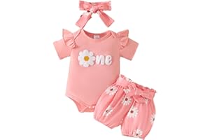 Newborn Infant Baby Girl 1st Birthday Outfit One Year Old Ruffle Short Sleeve Romper Bodysuit Shorts Set with Headband