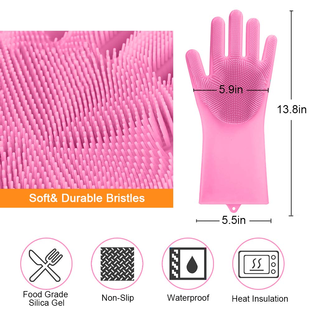 2Pcs Magic Silicone Gloves with Wash Scrubber Reusable Silicone Glove Brush Pair Heat Resistant For Cleaning Washing Dishes Cooking Grilling Car Wash and Pet Care Pink