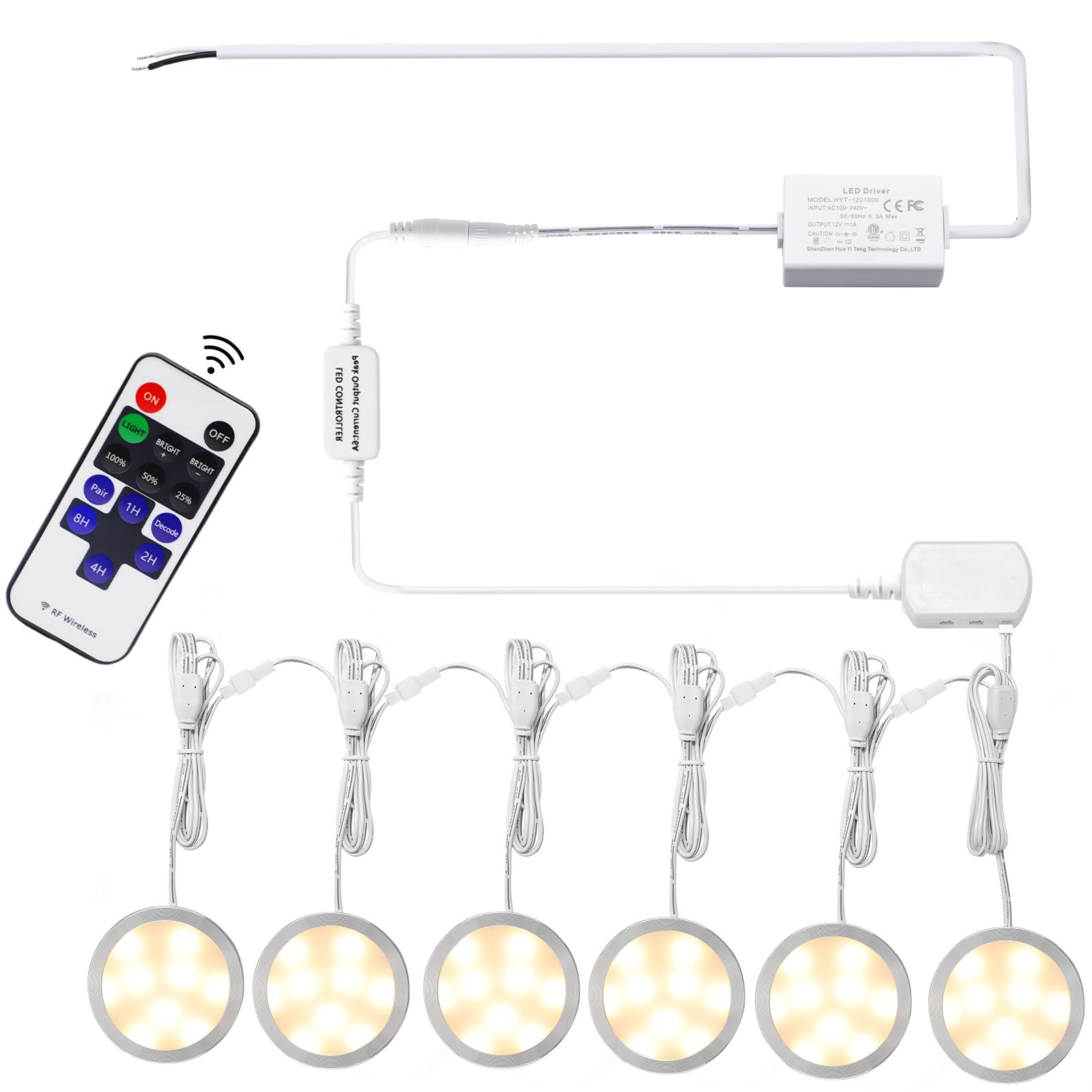 AIBOO Linkable Under Cabinet LED Lighting 12V Dimmable Puck Lights Hardwired with Wireless RF Remote Control for Kitchen Mood Lighting(6 Lights, Warm White)