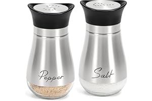 Salt and Pepper Shakers, Glass Bottom Salt Pepper Set Refillable Design with Stainless Steel Lid for Home Cooking, RV, Campin