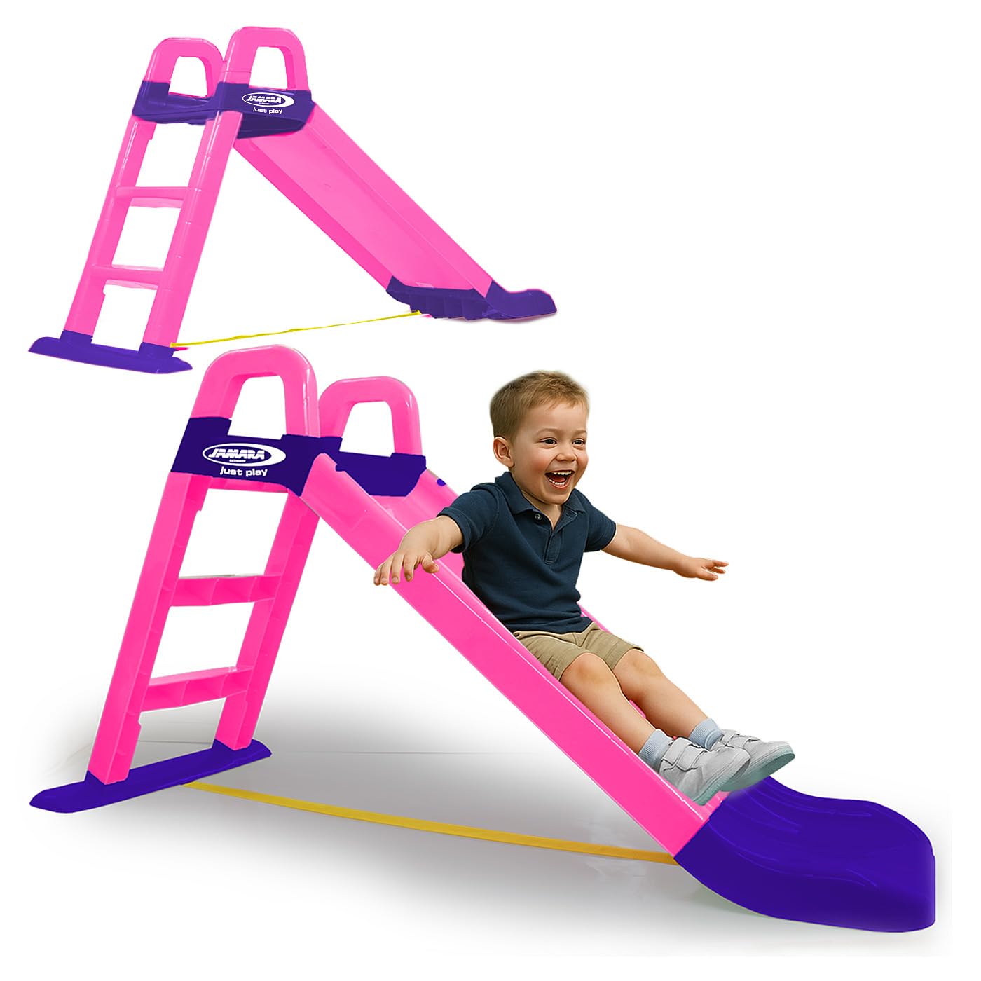 JAMARA 460503 Funny Slide Slide Made of Robust Plastic, Slide Spout for Gentle Landings, Wide Steps and Safety Handles, Stabilising Rope, Pink