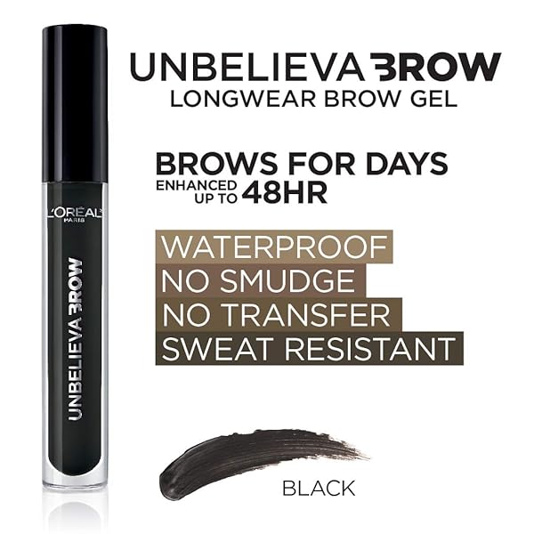 L’OREAL PARIS UNBELIEVA-BROW LONGWEAR WATERPROOF TINTED BROW GEL, SMUDGE-RESISTANT, TRANSFER- PROOF, QUICK DRYING, EASY AND QUICK APPLICATION WITH PRECISE BRUSH, BLACK, 0.15 FL. OZ.