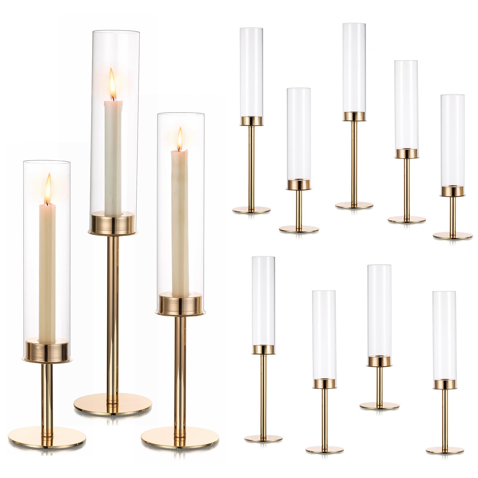 Photo 1 of (see all images) Hewory Gold Candle Holders Hurricane Candlestick Holders, 12Pcs Candle Stick Candle Holder Candelabra, Taper Candle Holders 