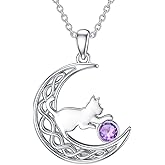 Lvoryance Cat Necklace 925 Sterling Silver Birthstone with Cute Cat in Moon Pendant Necklace for Women
