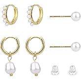 3 Pairs Gold Earrings Set, Dainty Pearl Dangle Drop & Hoop & Stud Earrings Stackable Stylish Pearl Dangling Drop Jewelry for Women Trendy Fashion Jewelry Gifts