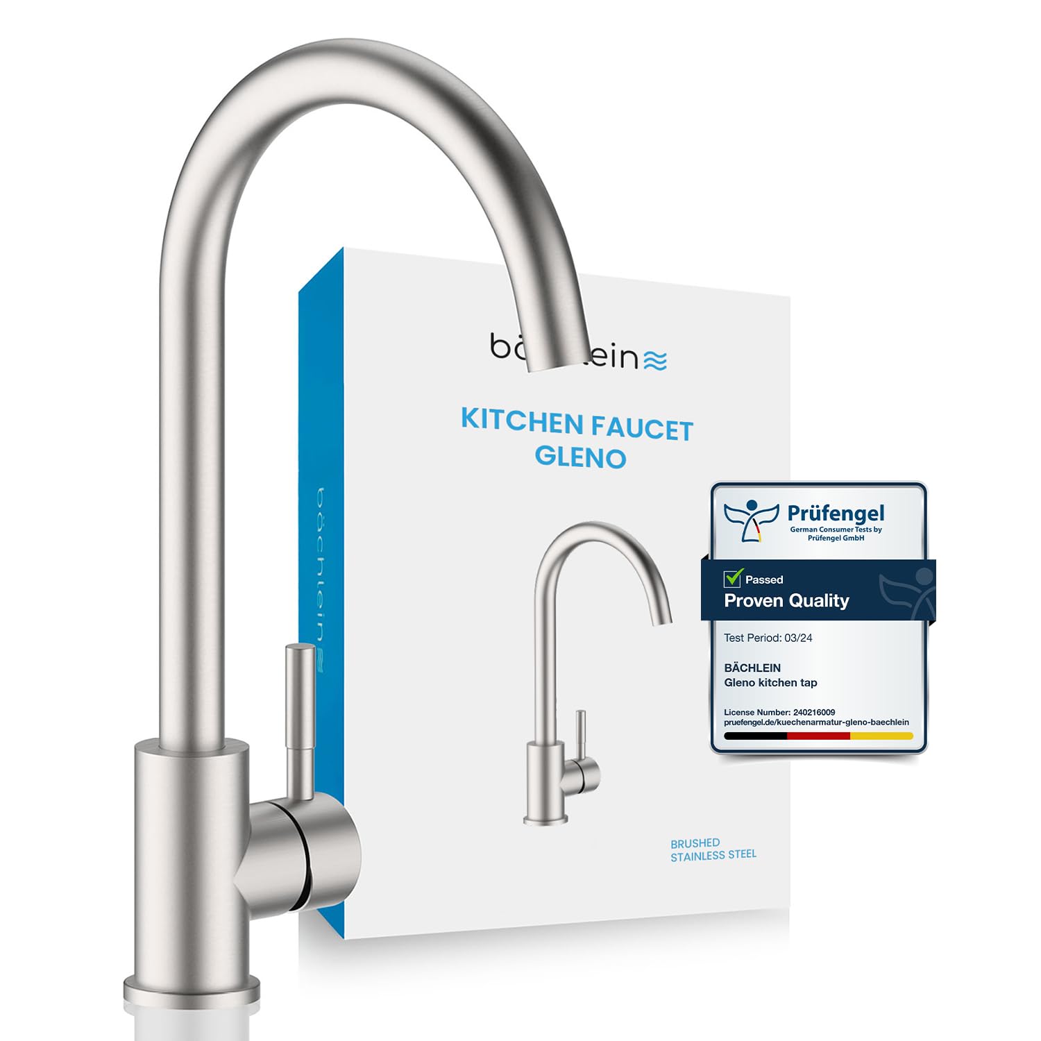 Bächlein Kitchen Faucet 360 Degree Swivel (Brushed Stainless Steel) - One-Hand Sink Mixer Made of Stainless Steel with 360° Swivel Spout, Faucet for The Kitchen in Extra Solid Design