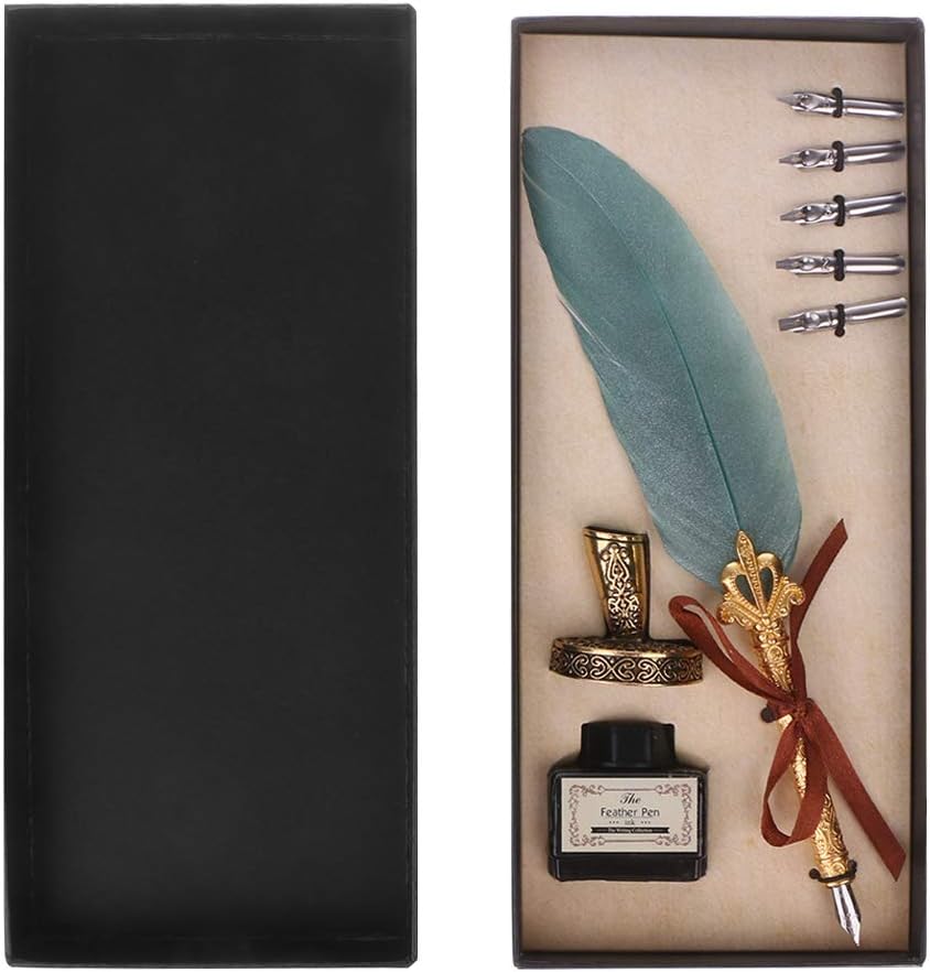 Fafalloagrron Vintage Feather Quill Dip Pen Fountain Pens With Ink +5 Nibs Set Stationery Gift (Green)