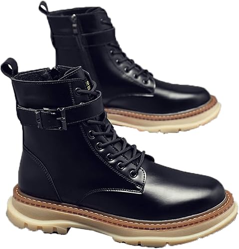 Amazon ジョイジョイ ブーツ メンズ レディース ワークブーツ エンジニアブーツ レースアップ 革靴 バックル サイドジップ レザー ハイカット デザート靴 ミリタリーブーツ 秋冬 ラウンドトゥ 防水 滑り止め 防寒 ブラック ブーツ