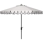 SAFAVIEH 9ft Outdoor Patio Umbrella, Round, Valance, Ivory & Navy Trim, Auto Crank Tilt, UV Resistant for Deck, Backyard, Poolside (PAT8006F)