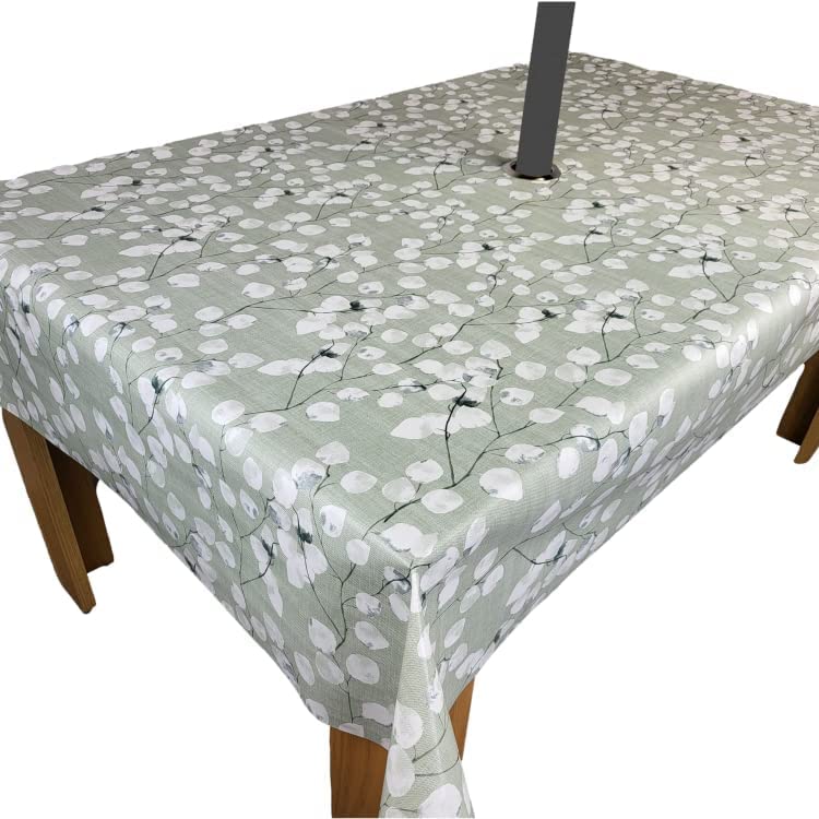 Karina Home Outdoor Garden Tablecloth with Parasol Umbrella Hole Sage Green Leaf Wipe Clean 300cm x 140cm