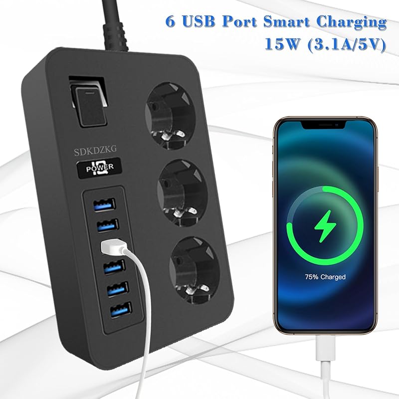 Multiprise 3 Prises Multiple (13A/3000W) avec Interrupteur Individuelles, 6 Ports de Charge USB (3.1A/5V),1.8m Adaptateur Secteur Les Câbles, Applicable à Bureaux Et Voyage en Maison (Noir)