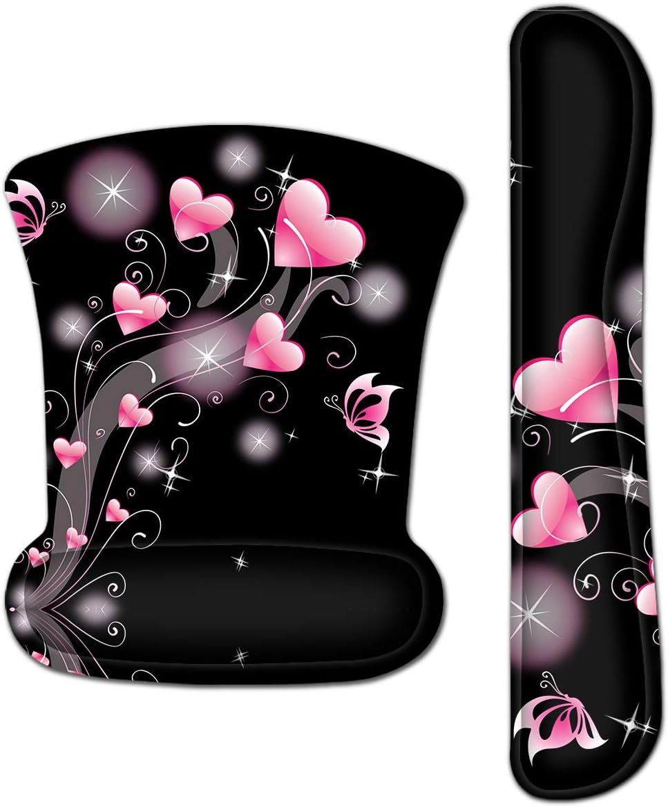 Keyboard Wrist Rest Pad Ergonomic Mouse Pad Set, ToLuLu Cute Mouse Pad for Computer Laptop, Non Slip Mousepad Keyboard Wrist Support with Raised Memory Foam for Easy Typing & Pain Relief, Pink Hearts