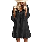 Opemiby Summer Dresses for Women 2026 Flowy Ruffle 3/4 Sleeve V Neck Tiered Casual Babydoll Boho Beach Mini Dress