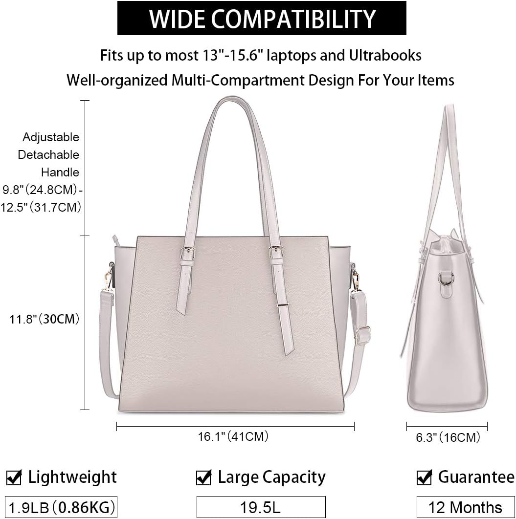 NEWHEY Women's Large PU Leather Tote Bag Laptop Bag Handbag for Classes Lycee 15.6 Inches, beige, M, Stylish - Image 3