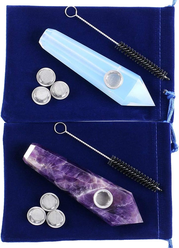 Natural | Dream Amethyst and Opal | Crystal Pipes (2PC), Every Pipe with 3 Screens and 1 Brush, Crystal Smoking Pipes About 4-4.5 Inches