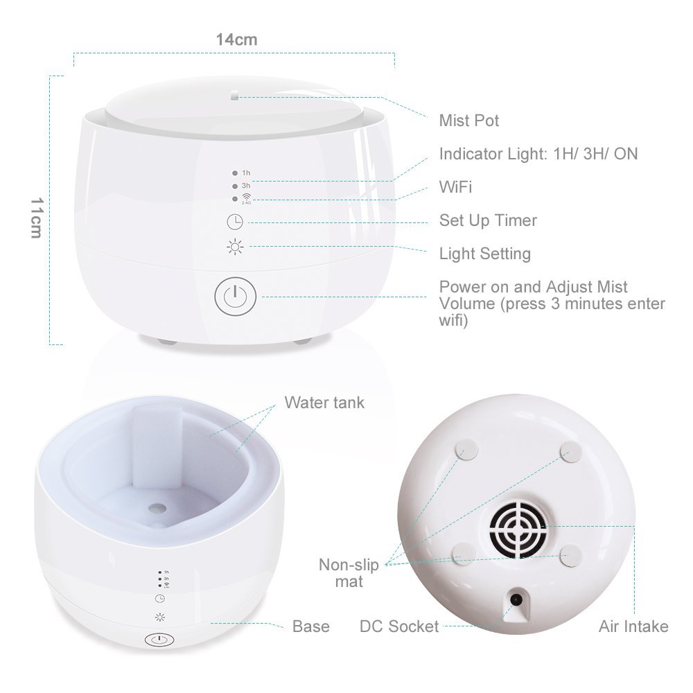 WiFi Essential Oil Diffuser Works with Alexa and Google Home 300ml for Aromatherapy with Adjustable Mist Modes Humidifiers, Ultrasonic Aroma Diffusers with Auto Shut-Off 7 Colorful LED Lights for Baby Room Home Spa (White)