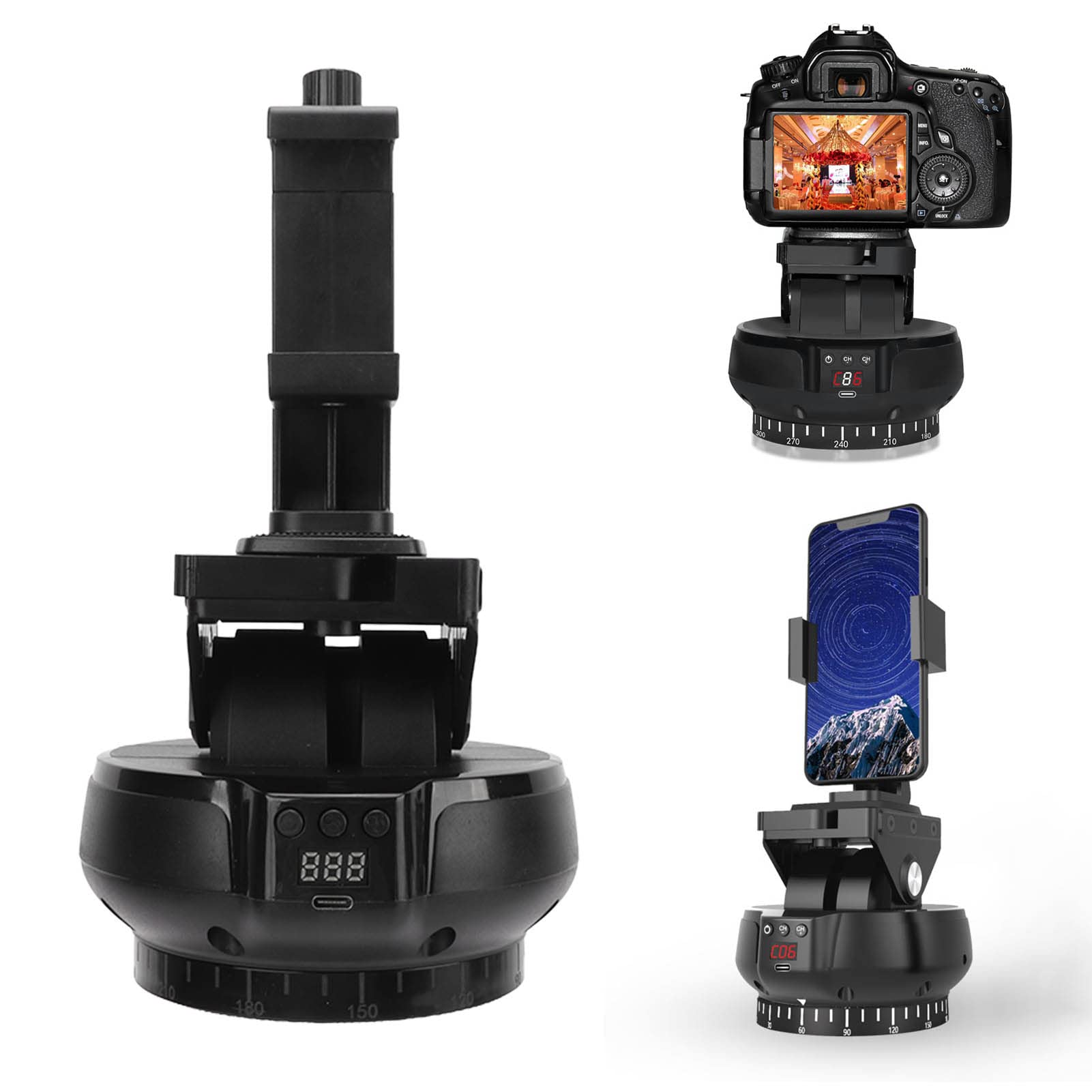 Motorized Tripod Head, 360 Degree Rotation Panorama Electric Ball Head with Phone Clamp, Visual Display Timelapse Shooting Rotator for Mobile Phones/Mirrorless Cameras/SLRs