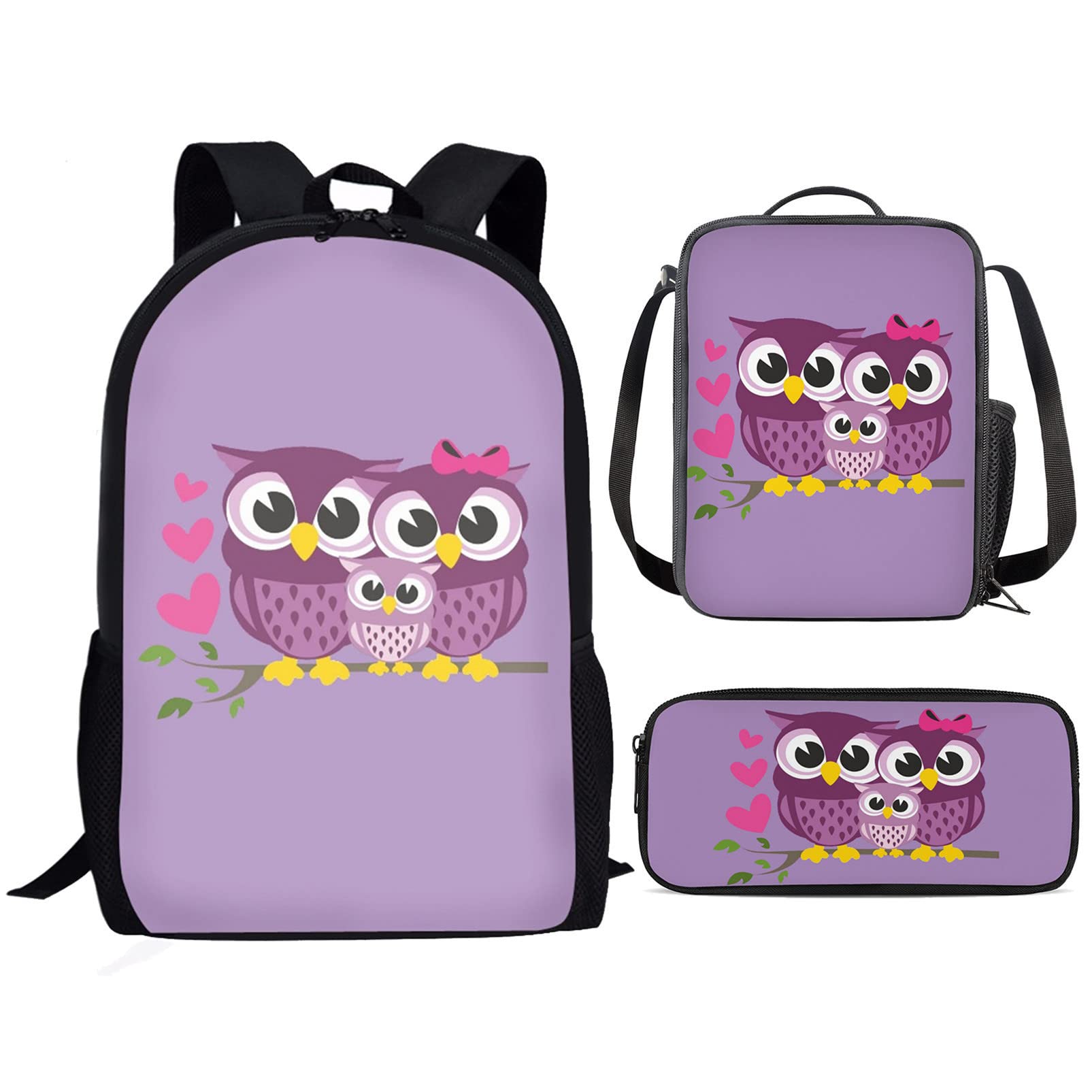 HUIACONG Owl School Bags for Boys Primary School Backpack Set with Lunch Box Packed Pencil Case, 17 inch Bookbag for Girls Rucksacks Kids Lunch Bags Purple