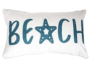 DECOPOW Embroidered Beach Throw Pillow Covers,Beach Decorative Canvas Pillow Cover for Nautical Style Deco 12 X 20 Inches (Beach 1220)