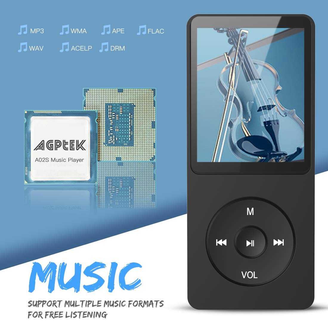 AGPTEK A02S 16GB MP3 Player, 70 Hours Playback Lossless Sound Music Player, Supports up to 128GB, Black