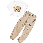 ARTMINE Girls' 2 Piece Outfits Casual Drawstring Jogger Pants and Loose Crop Top Set, 6-14 Years