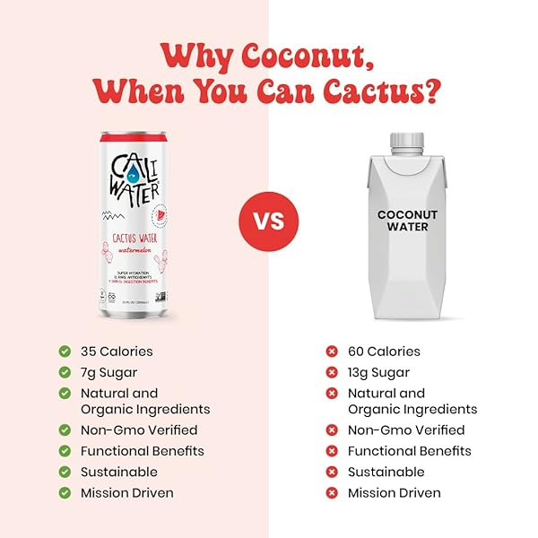 CALIWATER – ORGANIC CACTUS WATER – WATERMELON – 5G SUGAR, 35 CALORIES – HALF SUGAR OF COCONUT WATER – NATURAL PLANT BASED HYDRATION – SKIN CARE, ELECTROLYTE DRINKS – FLAVORED WATER BEVERAGES – 12 CANS