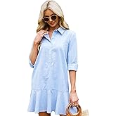 LifeShe Women's Tunic Mini Shirt Dress Cotton Long Sleeve Ruffle Hem Dress Button Up Shift Chambray Dresses
