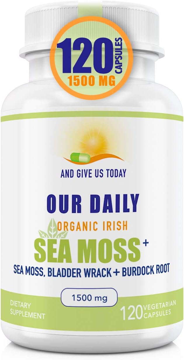 Our Daily Vites Organic Sea Moss Plus 1500 MG 120 Ct Wildcrafted Irish Sea Moss Bladderwrack and Burdock Root Capsules Wildcrafted Vegan and Seamoss Superfood Supplement